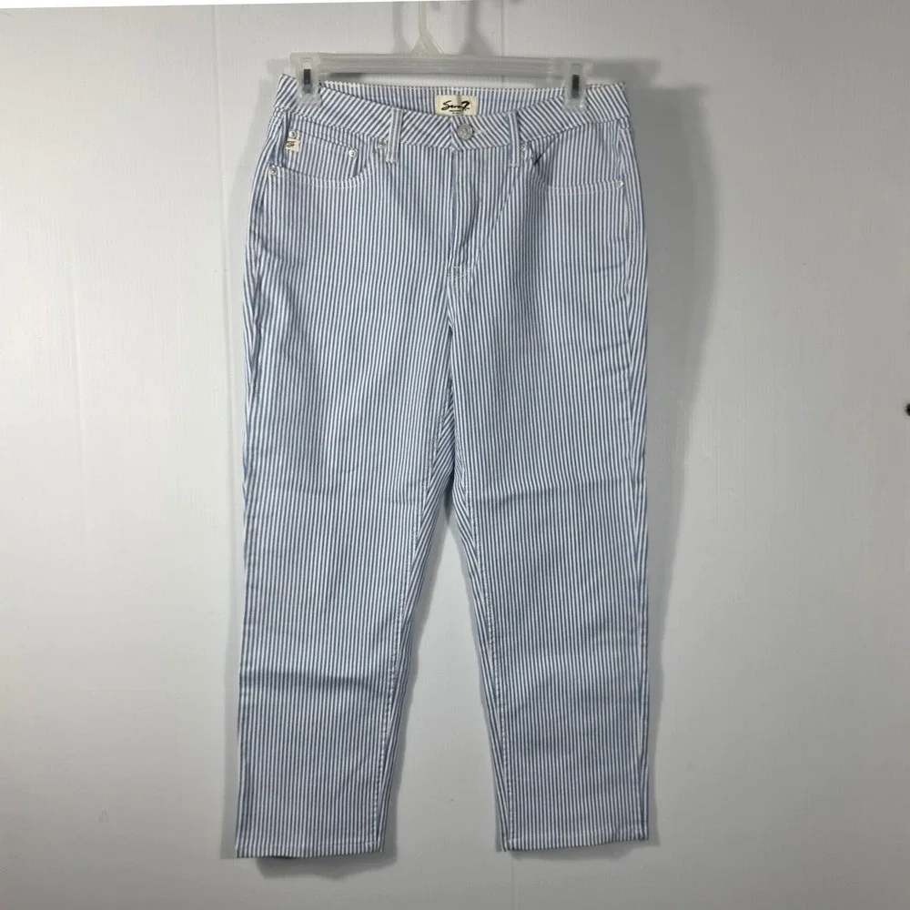 Seven7 Women Blue White Vertical Striped Straight Leg Denim Jeans Size 8